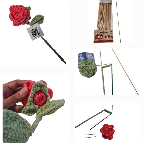 Hand Crafted Soft Red Crochet Rose Faux Floral Shelf Decor Hand Knit Crochet Art - Picture 11 of 17